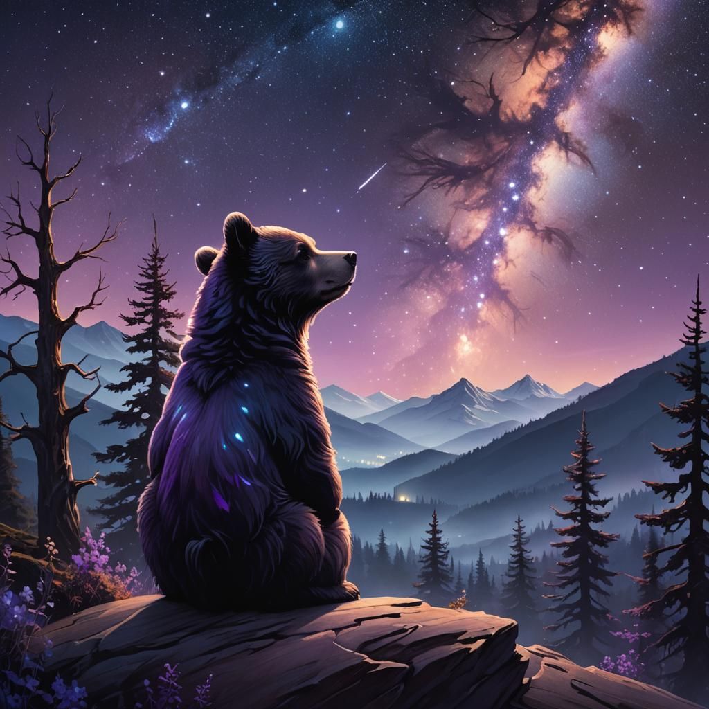 Mystical Bear Cub Gazing at Starry Night