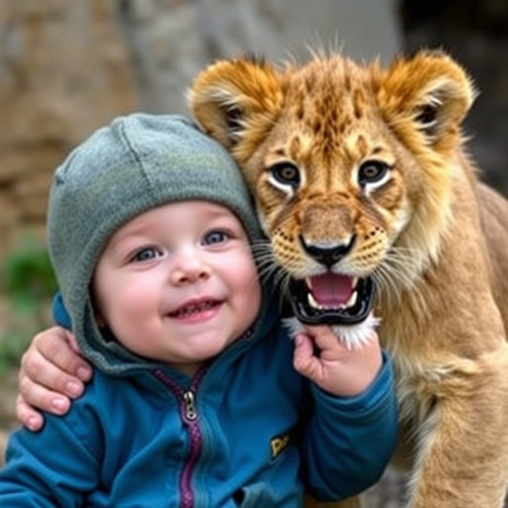 Lion Cub and Toddler Form Unlikely Friendship