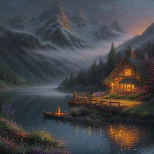 Hyperrealistic Lake at Dusk with Ethereal Mist