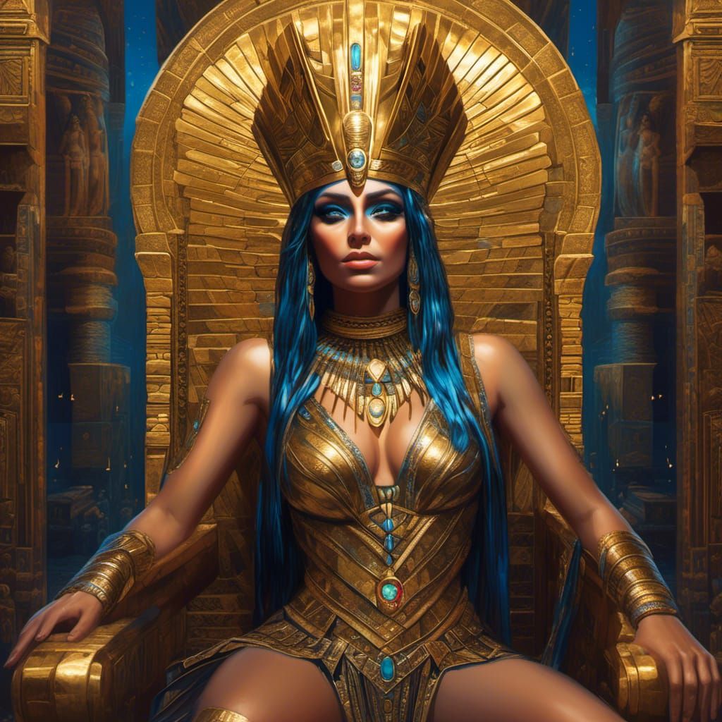 Cleopatra on Golden Throne, Hyperrealistic Portrait