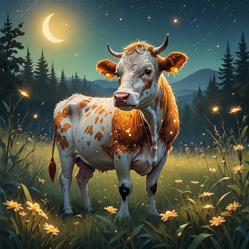 Enchanting Baby Cow in Ethereal Meadow