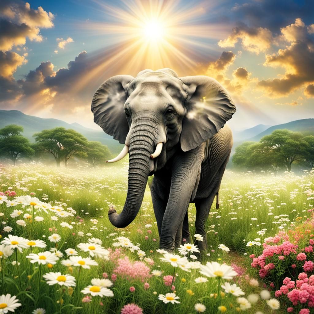 An elephant walking through a field of flowers!!🌹
