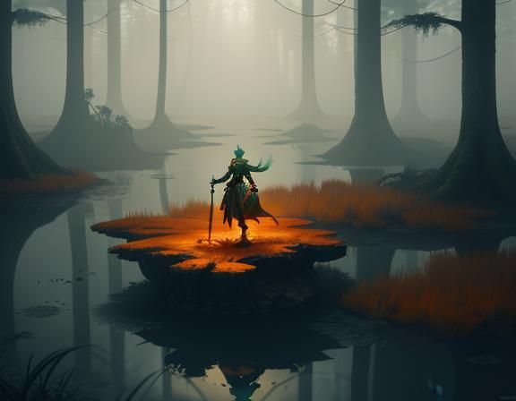 Female Amphibioid in Misty Swamp, 3D Game Art
