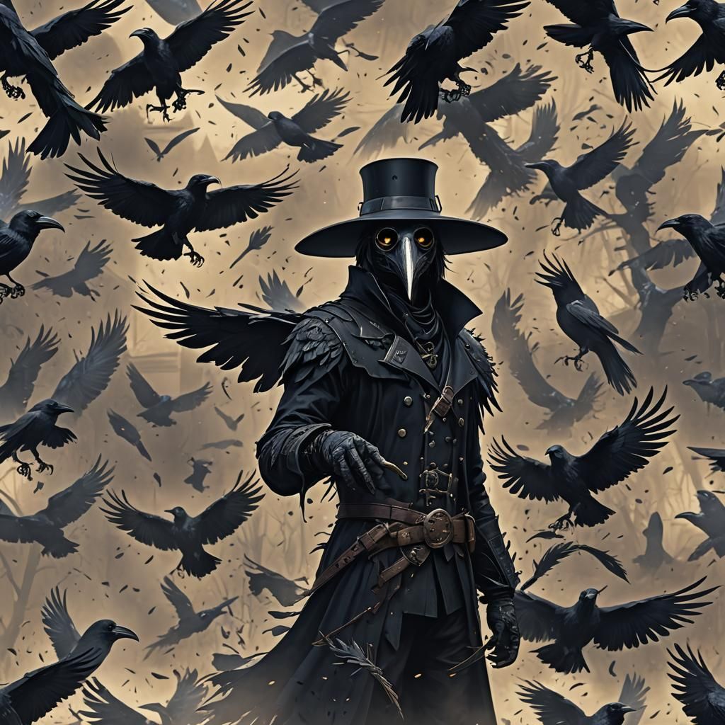 Raven Plague Doctor with Black Wings, Detailed Digital Art