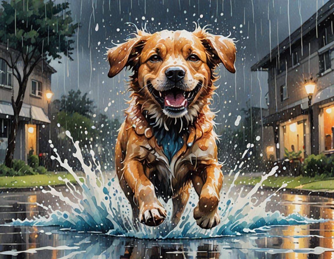 Vibrant Watercolor Illustration of Happy Dog in Rainy Splash...