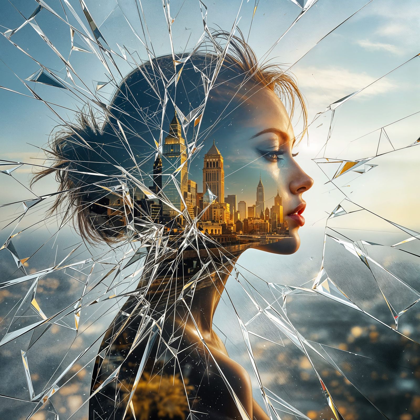 Shattered Glass Portrait in Hyperrealistic Mixed Media