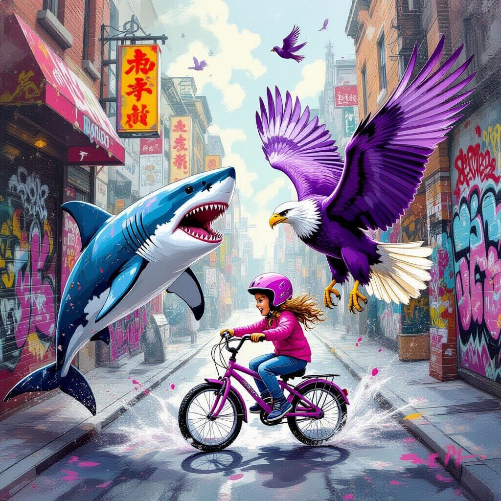 Nightmare Shark Fights Eagles Over Bicycle Rider in Graffiti...