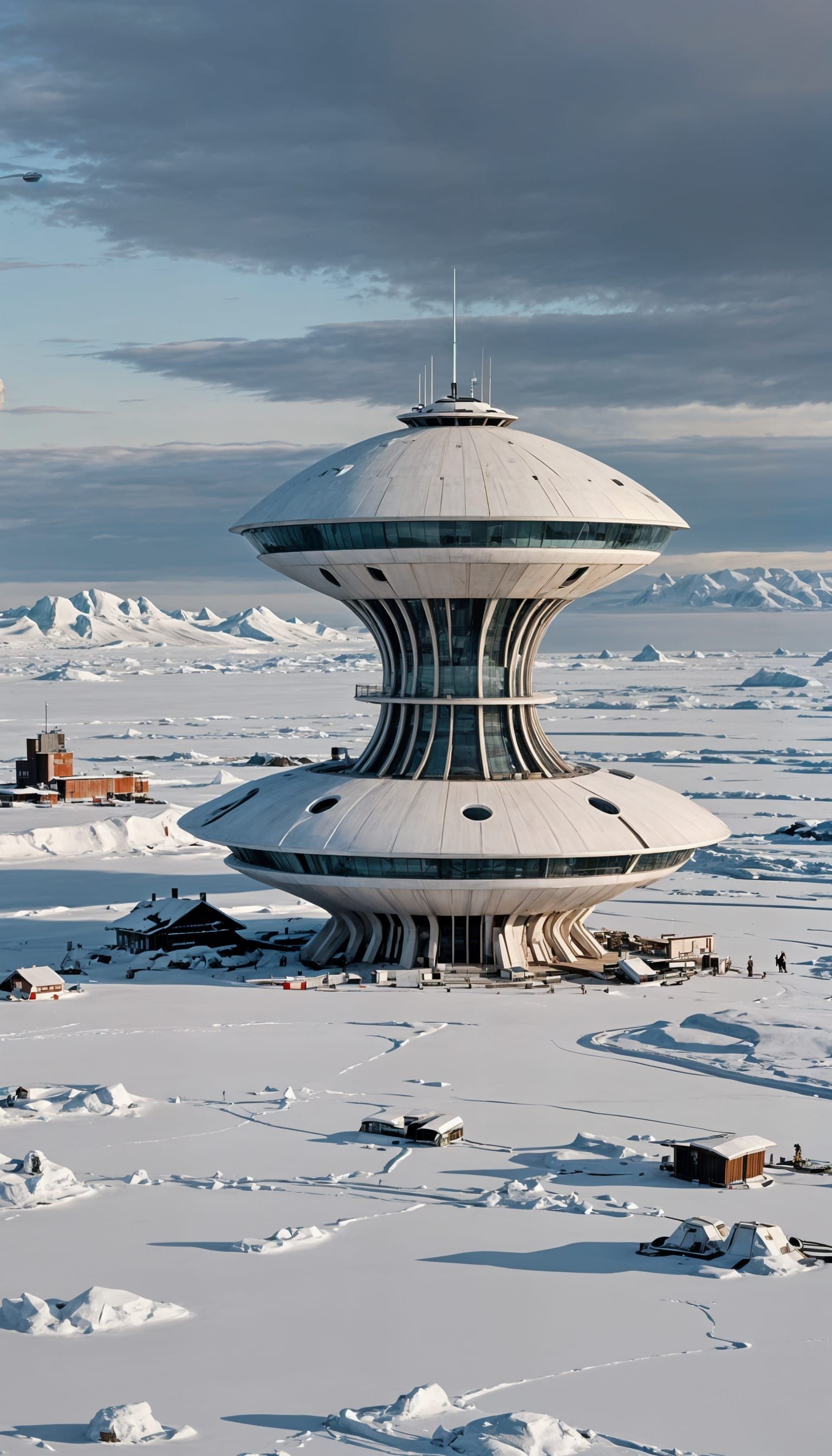 a space age arctic research facility rising above a frozen environment.