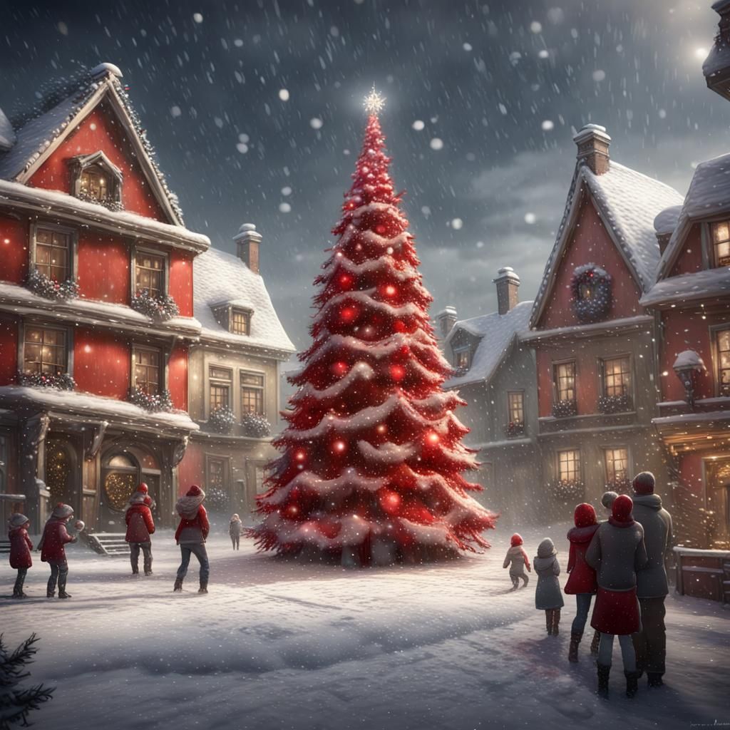Festive Christmas Tree in Snowy Village Square