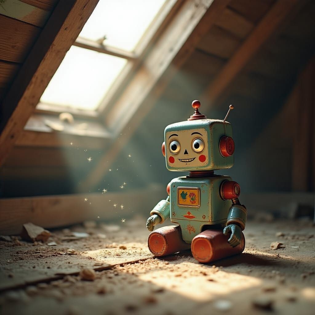 Vintage Toy Robot in Dusty Attic Storybook Illustration