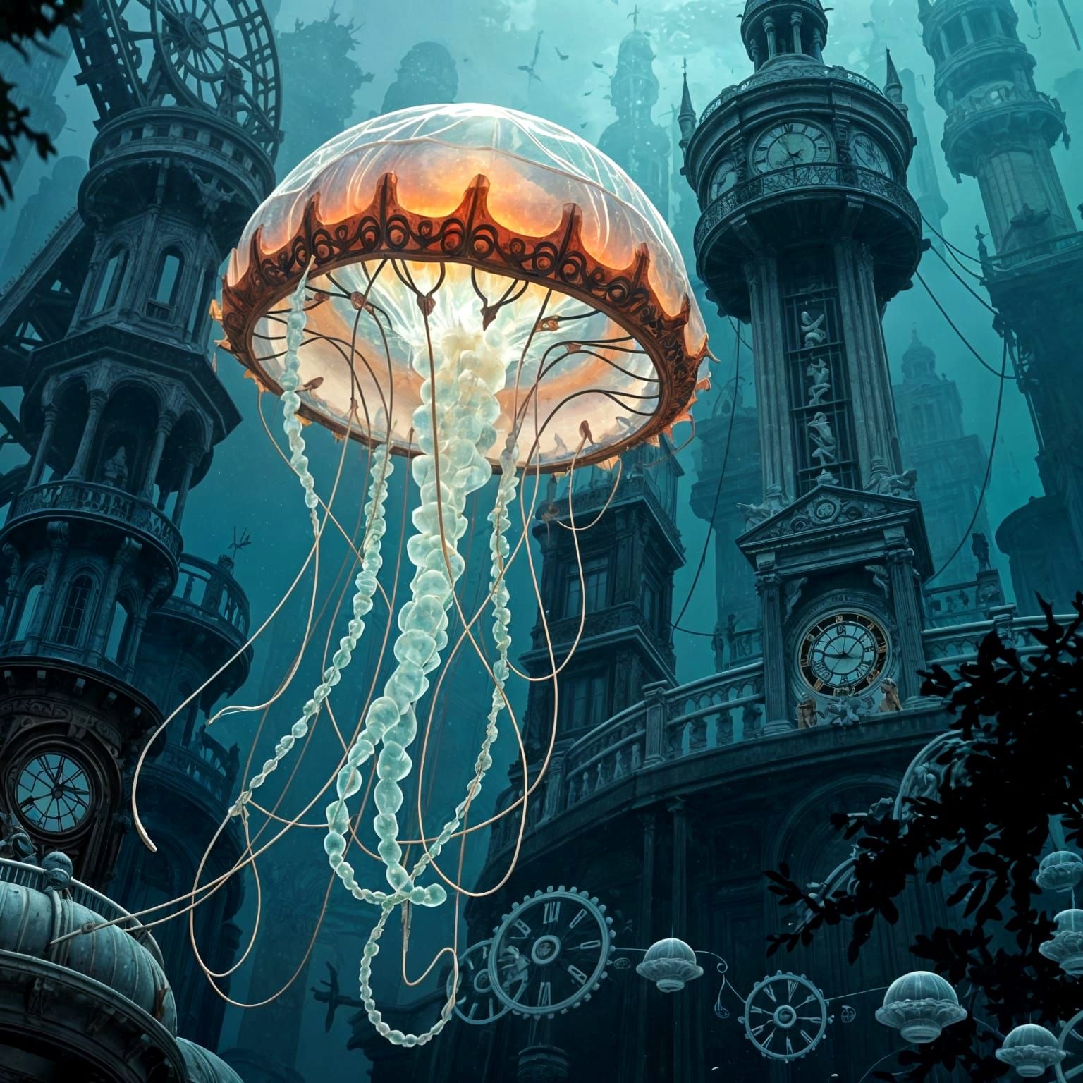 Bioluminescent Jellyfish in Underwater Art Nouveau City