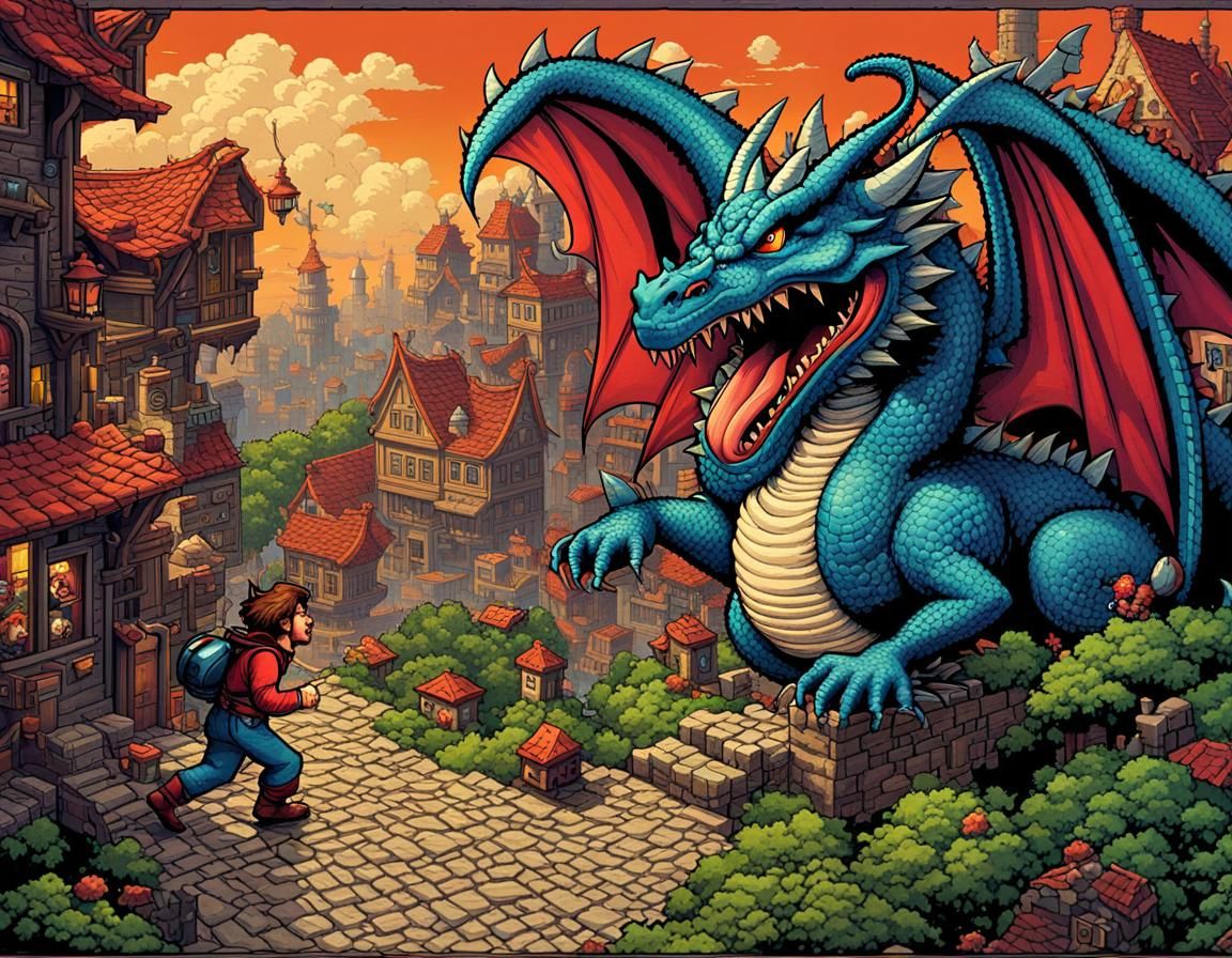 Funny Pixel Art Dragon Chases Adventurer
