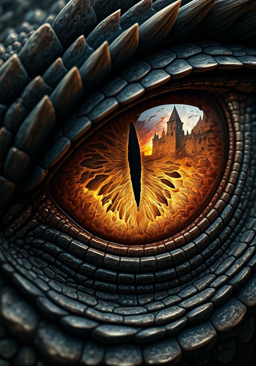 Dragon's Fiery Gaze in a Burning Castle