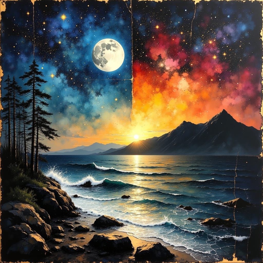 Celestial Night Ocean and Sunrise Mountain Composition