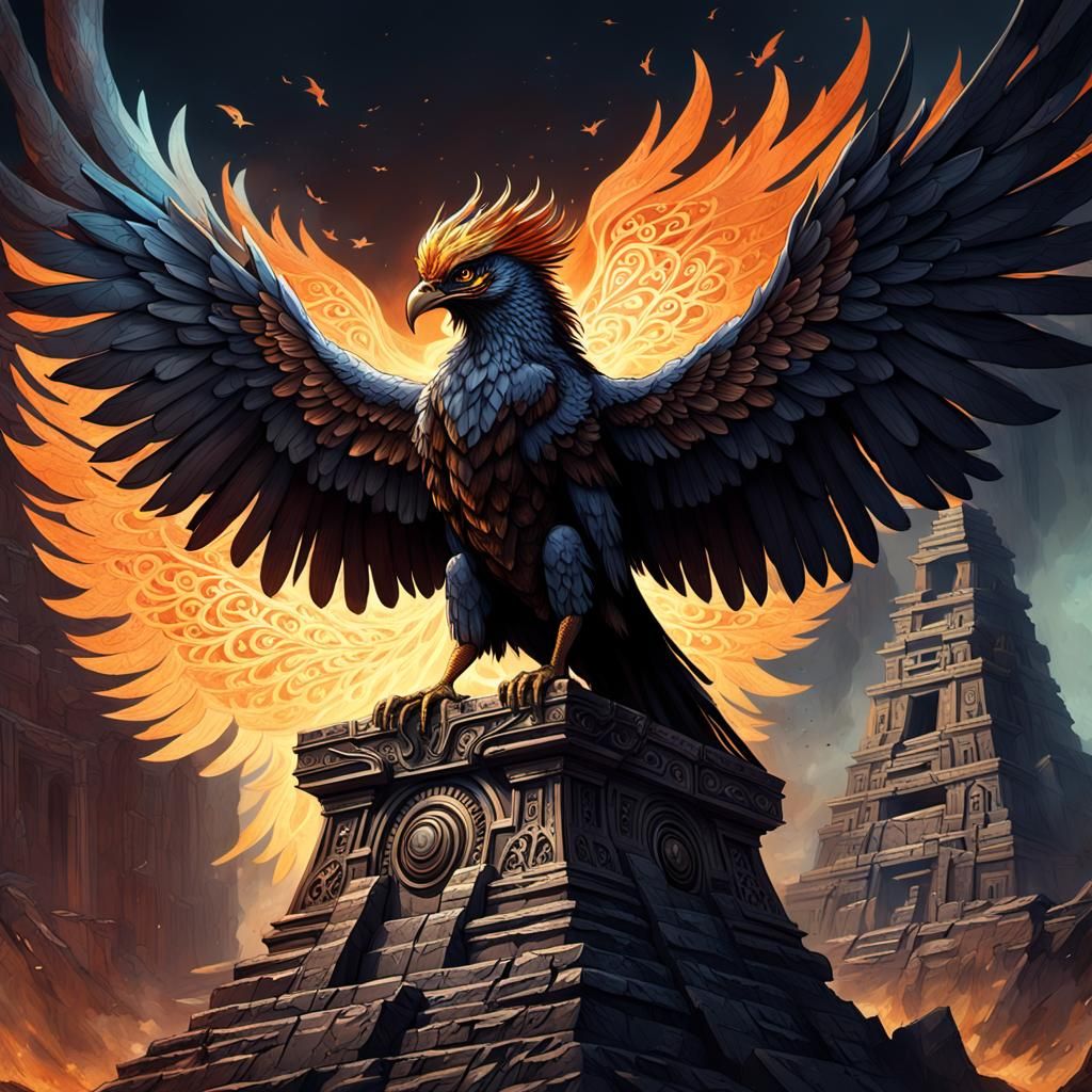 Phoenix Perched Atop Ruined Pyramid in Dark Fantasy