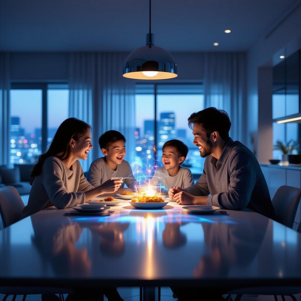 Holographic Family Laughs in Futuristic Neo-Tokyo Apartment