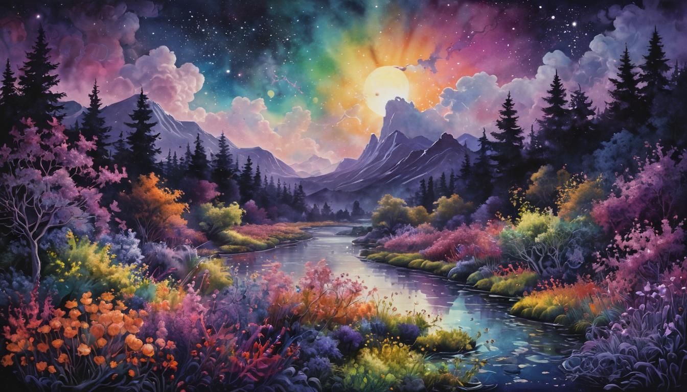 Magical Ink River Dreamscape in Watercolor Style