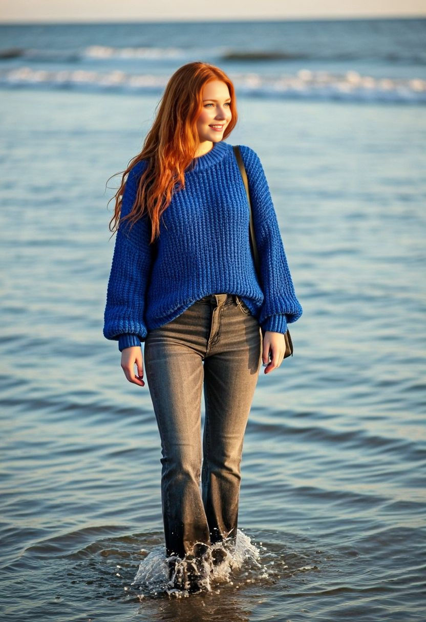 Redhead Wades in Autumn Surf