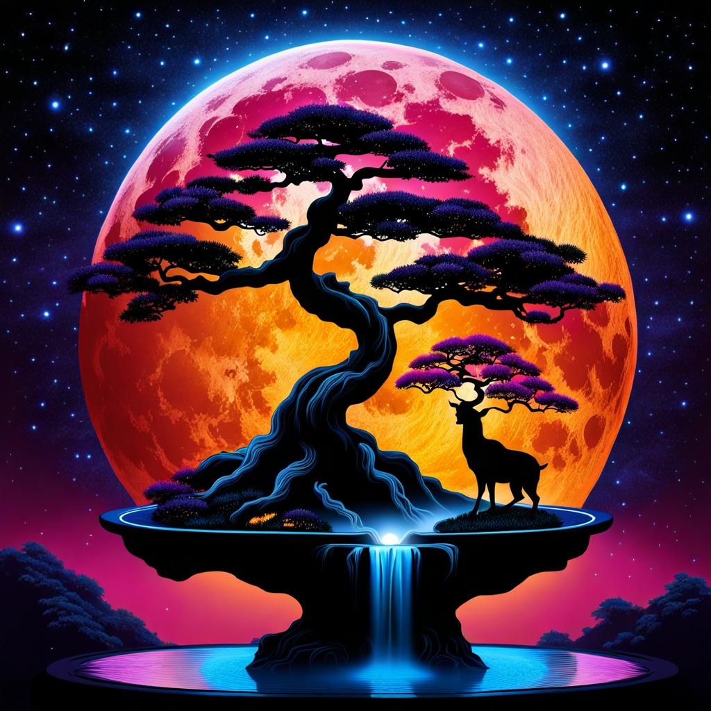 Vibrant Bonsai Tree Under Cosmic Moonlit Waterfall