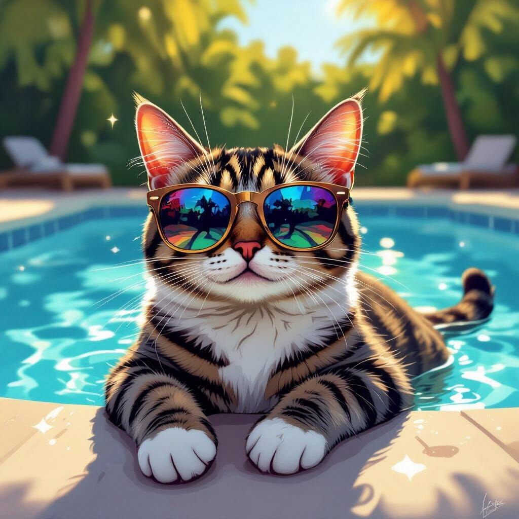 Stylized Cat by Pool in Vibrant Digital Art