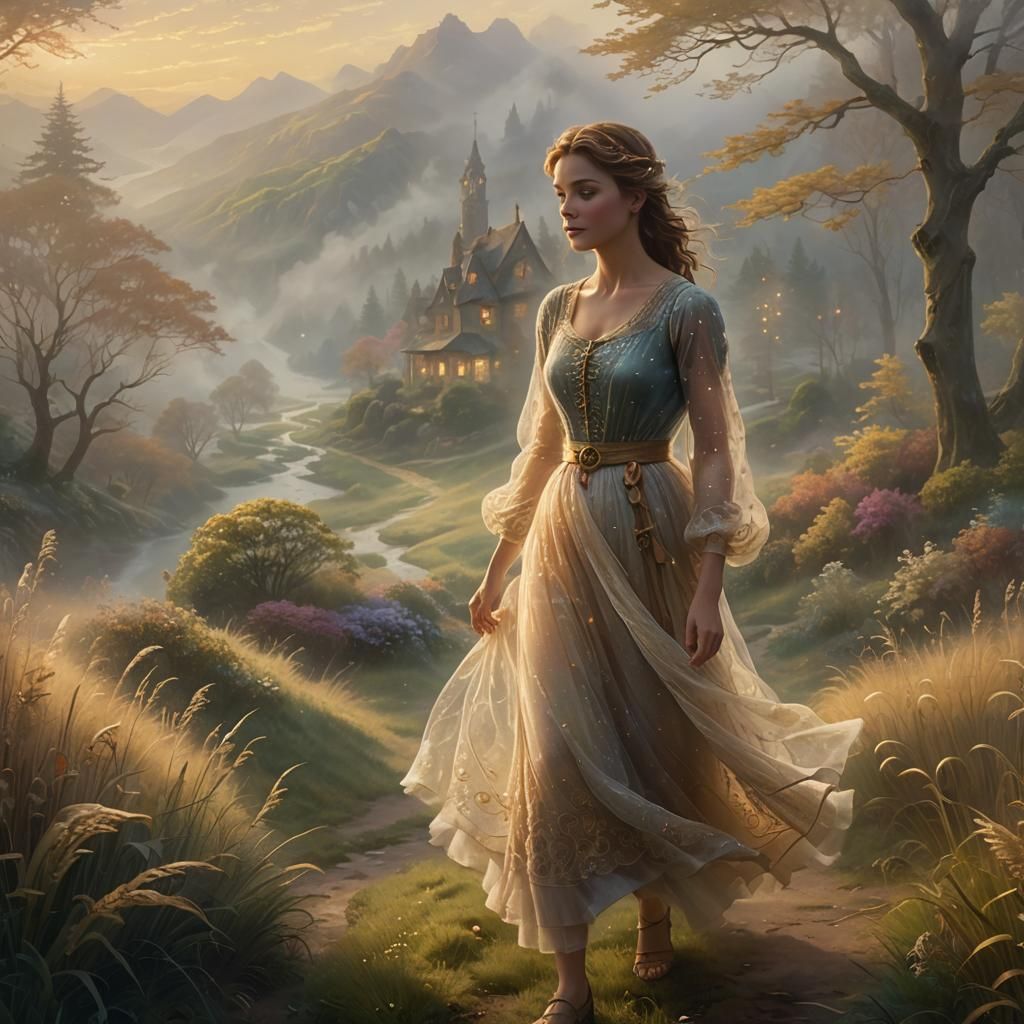 Ethereal Woman in Misty Golden Landscape