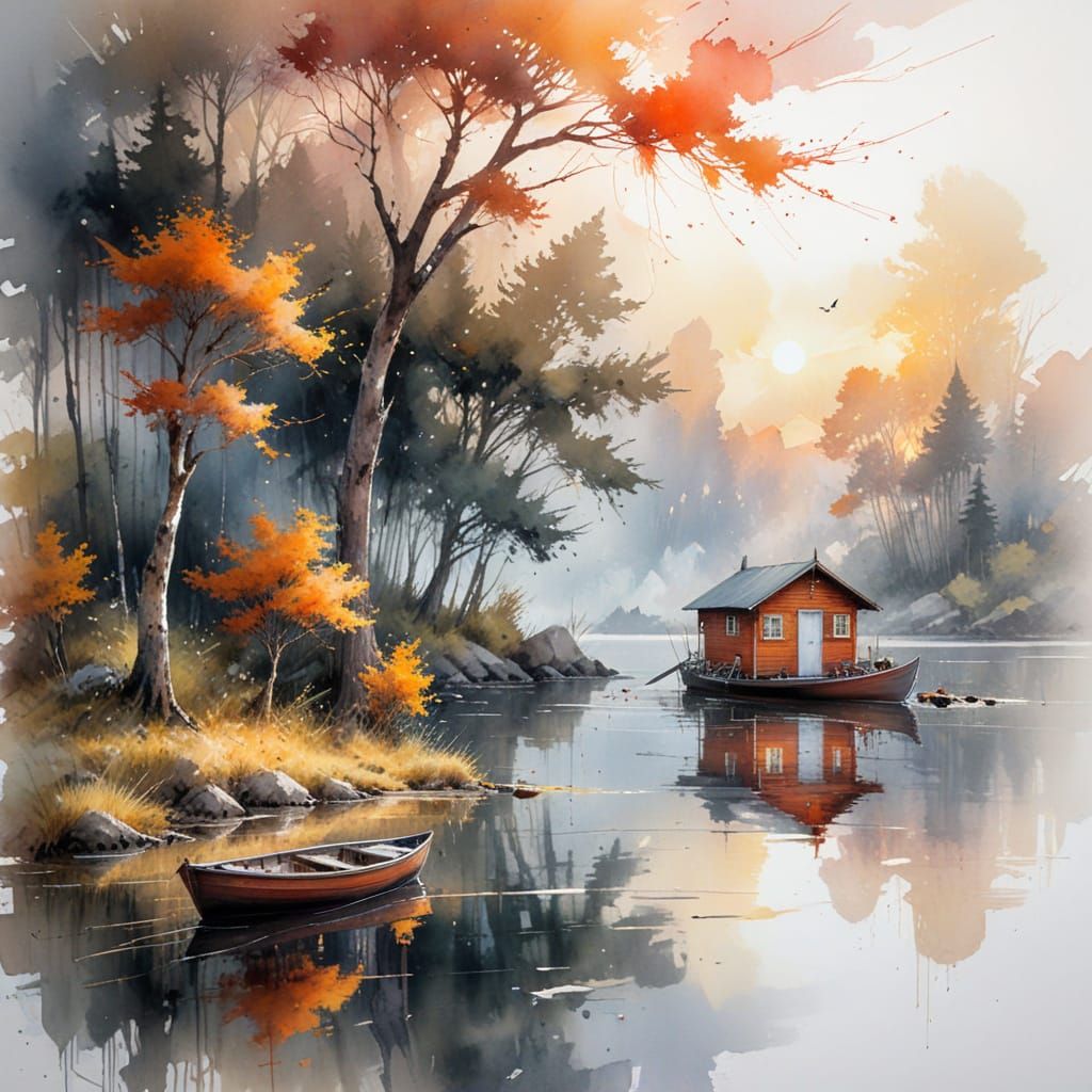 Serene Lakeside Scene at Sunset in Vibrant Watercolour
