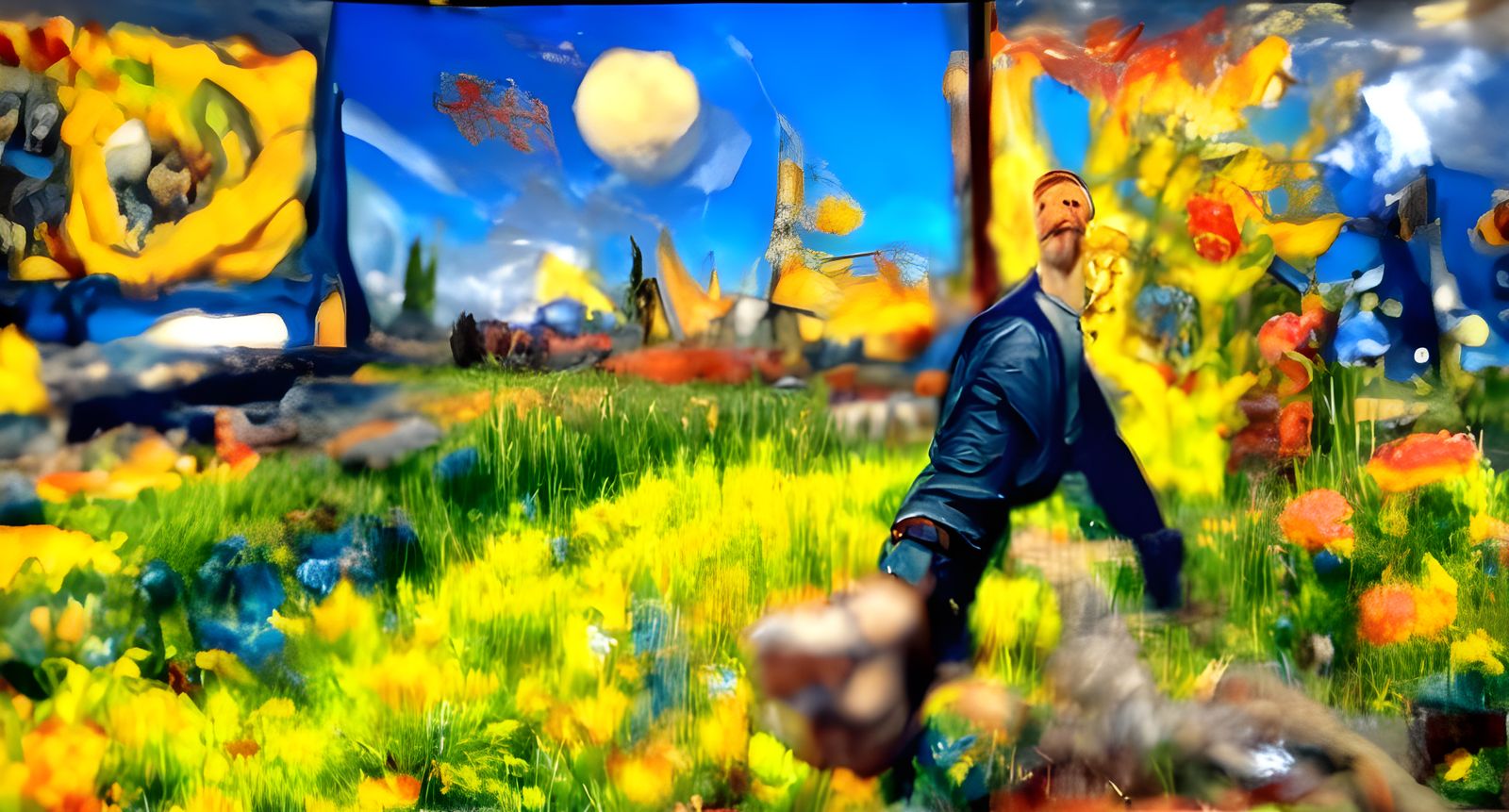Artist Painting in Sunny Field, Detailed Matte Painting