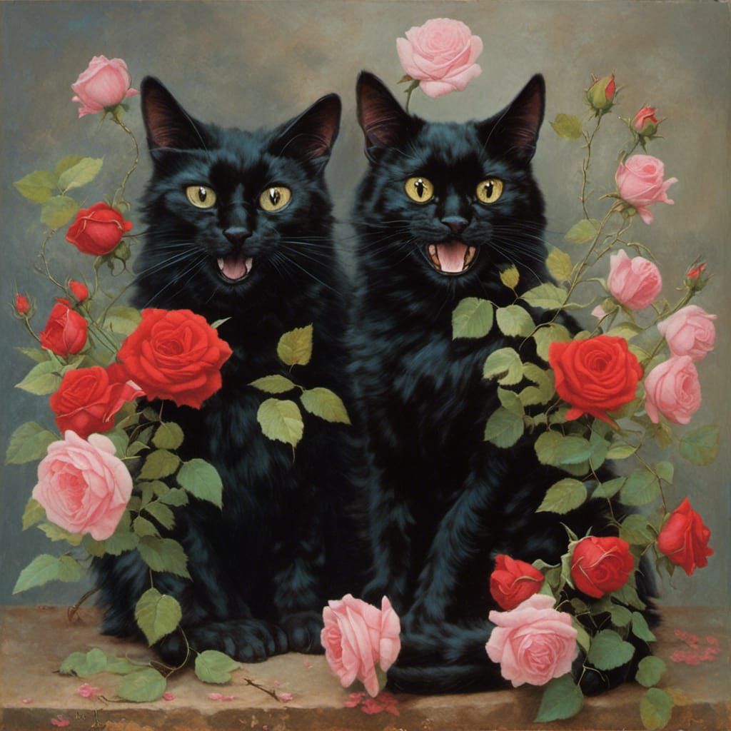 Expressive Black Cats with Roses
