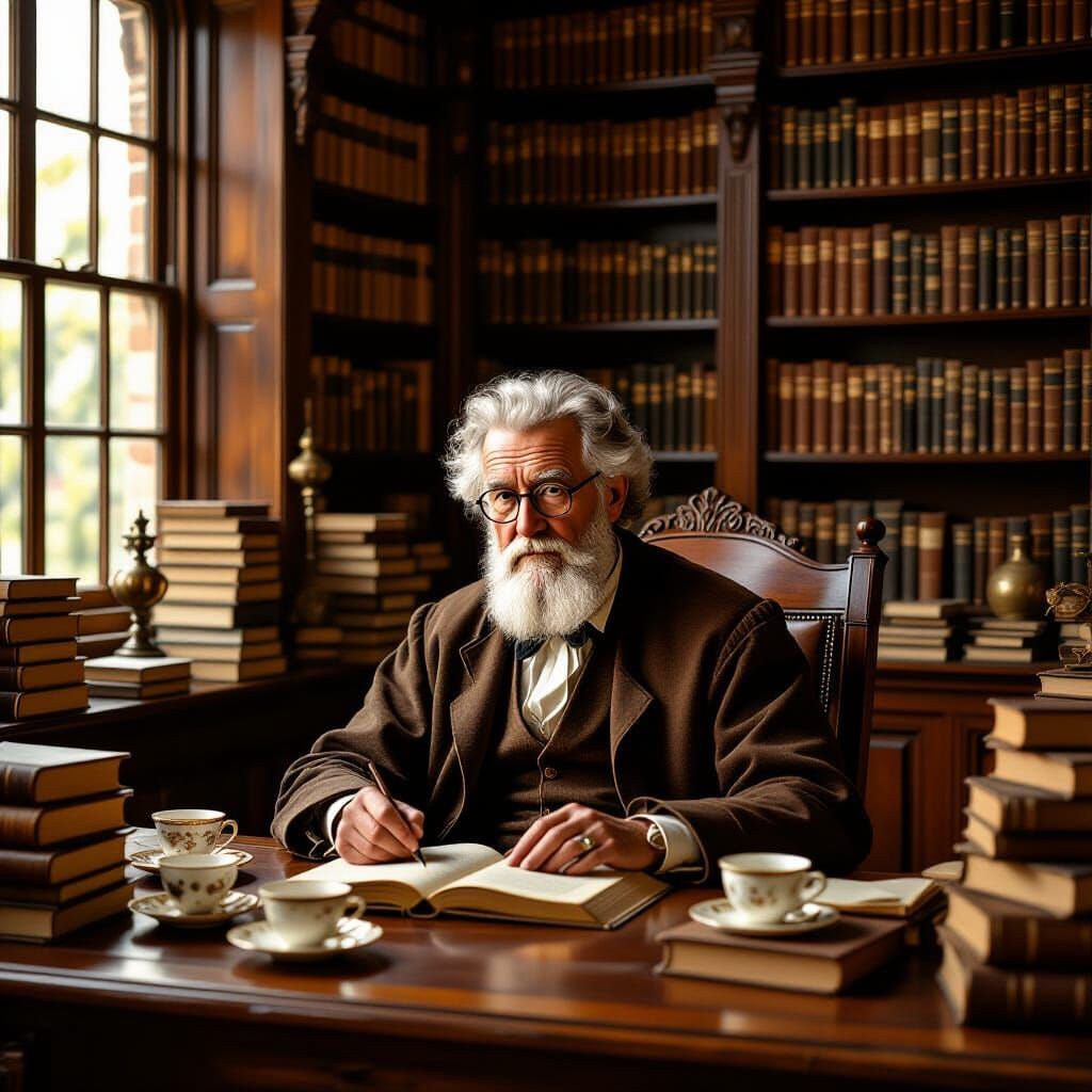 Cozy Library Scene with Old Librarian, Photorealistic Style