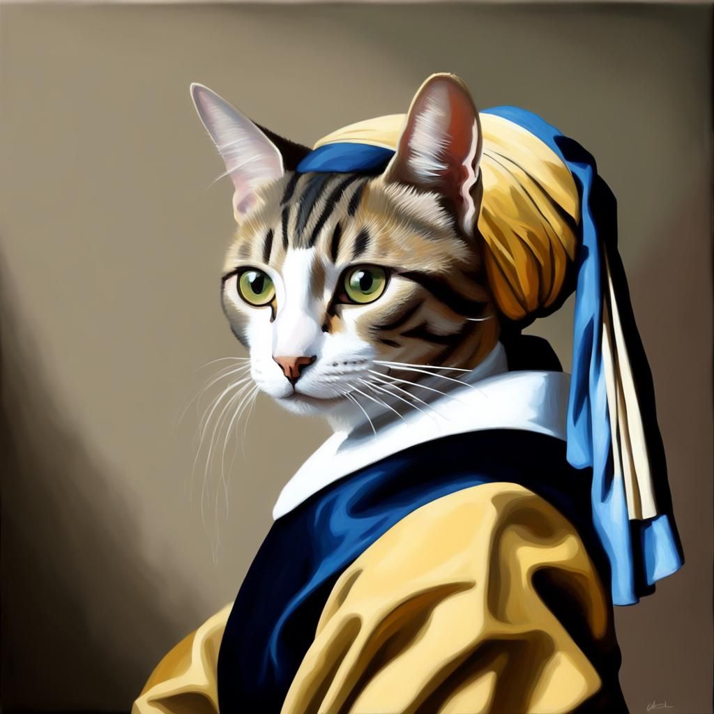 Cat with a Pearl Earring: Vermeer Style Oil Painting