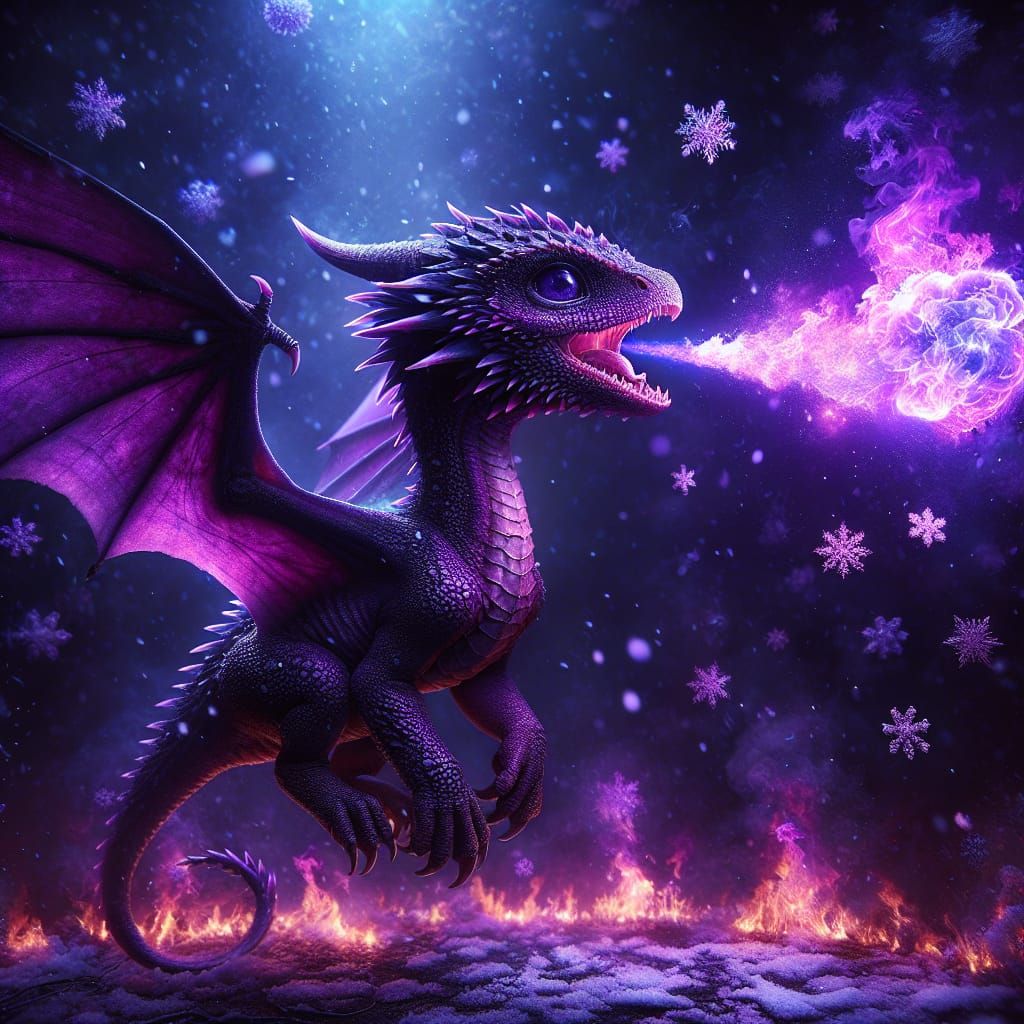 Violet Dragon Floats Above Winter Snow in Dark Fantasy Scene