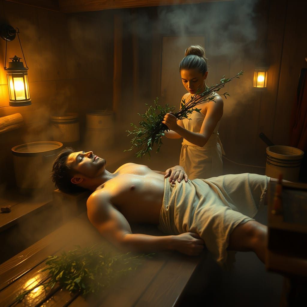 Traditional Russian Banya Scene with Warm Steam and Cozy Amb...