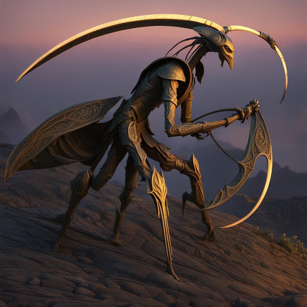 Mantis Humanoid with Scythes in Dark Fantasy Art