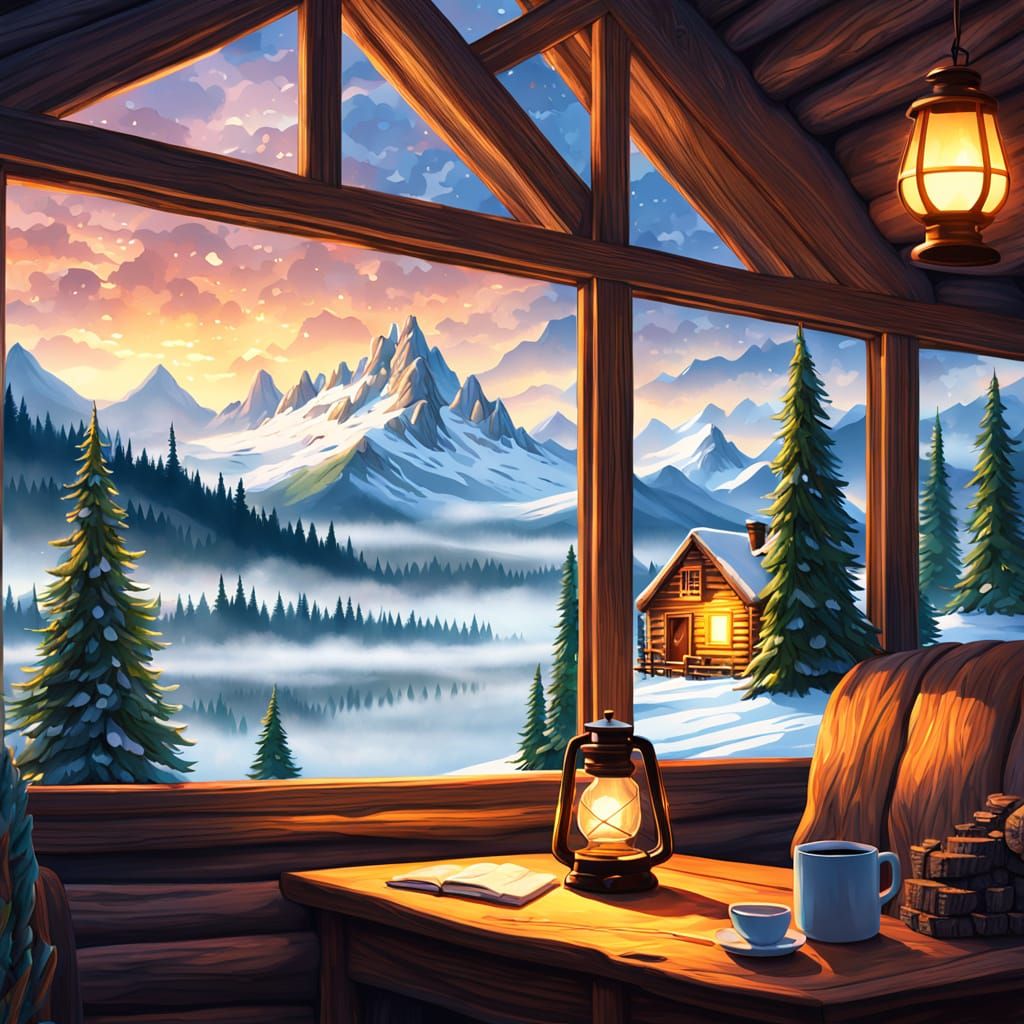 Surreal Morning Scene with Cozy Cabin and Snowy Peaks