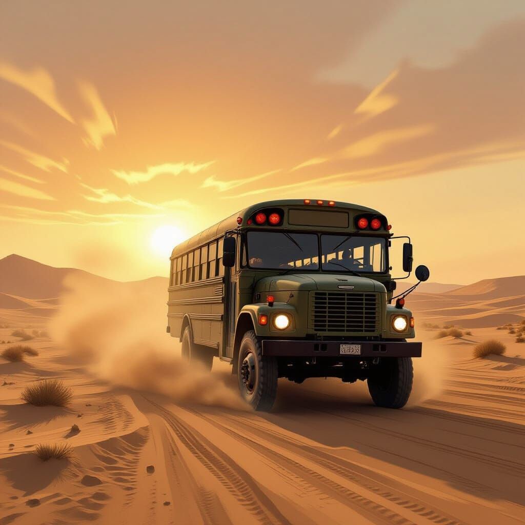 Military Bus in Desert Sandstorm at Dawn