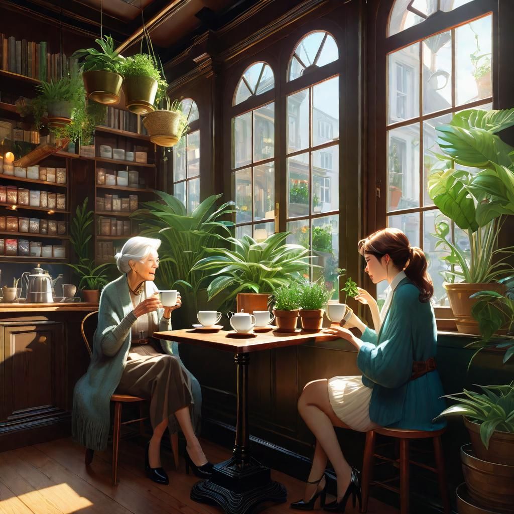 Cozy Cafe Scene: Grandmother and Girl, Digital Illustration