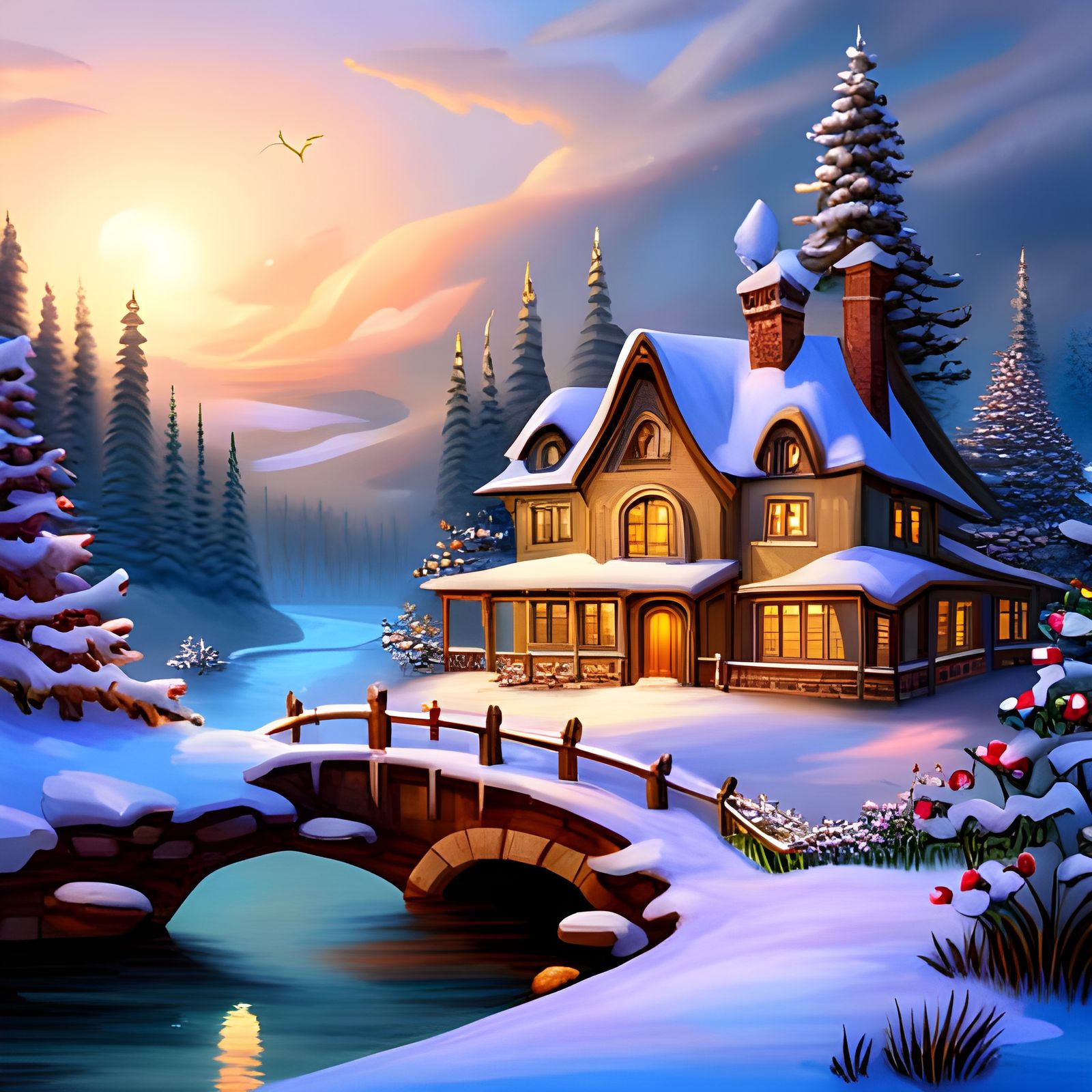 Fantasy Cottage in Snowy Forest, Hyperrealistic Winter Scene