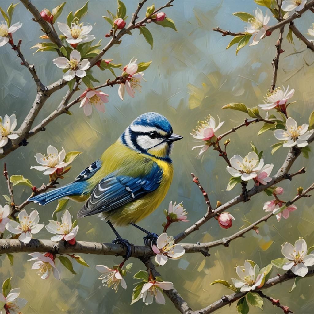 Bluetit in Spring Blossom, Oil Painting