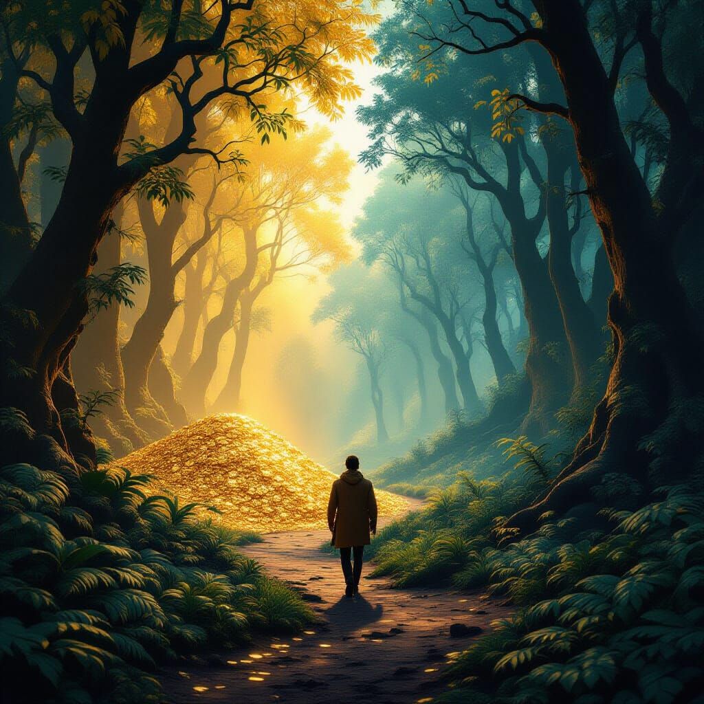 Person Navigates Forest Path to Treasure in Contrasting Ligh...