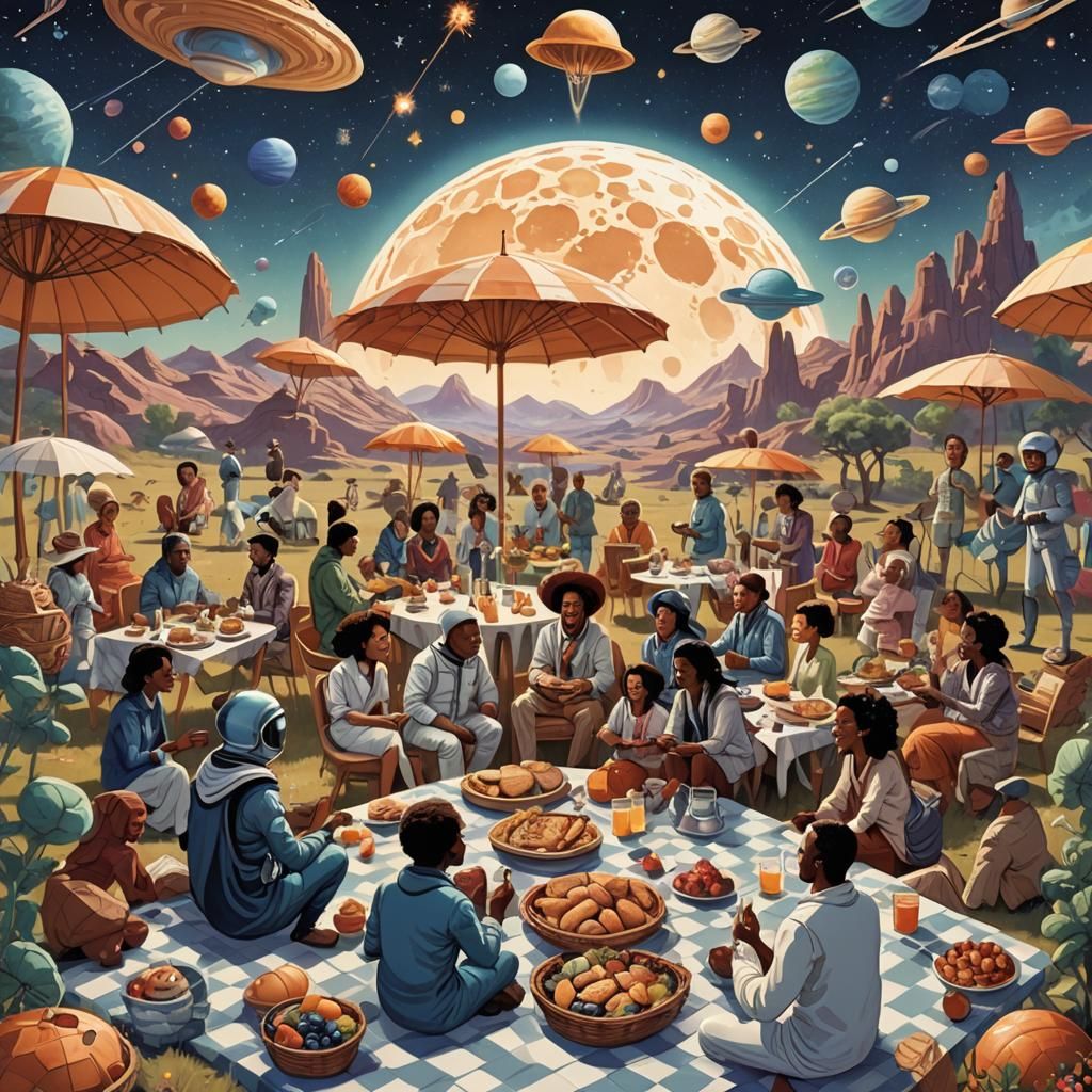 Cosmic Picnic on Alien Planet: Detailed Matte Painting