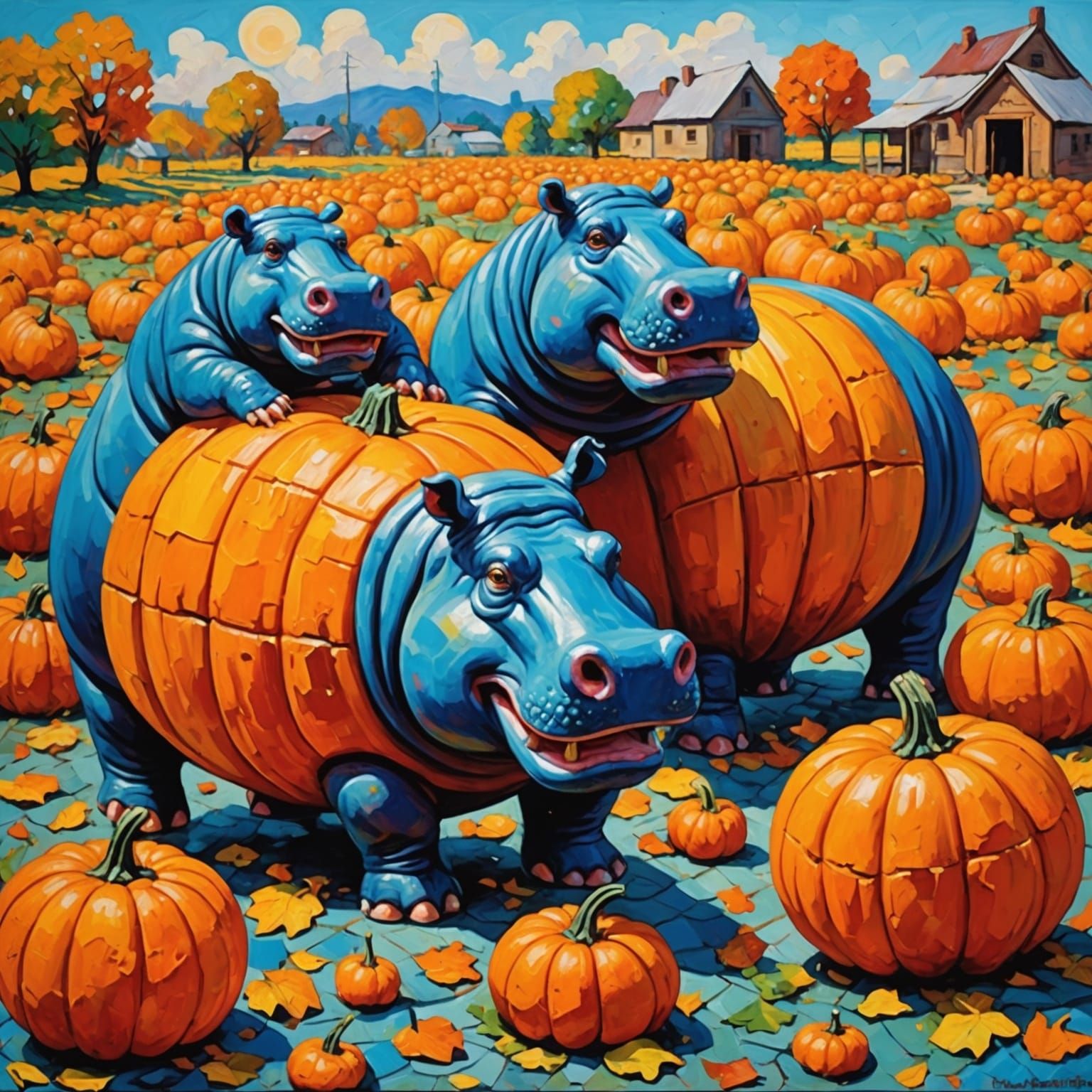 Hippo Pumpkins Attack Civilization: Neo-Impressionist Oil Pa...