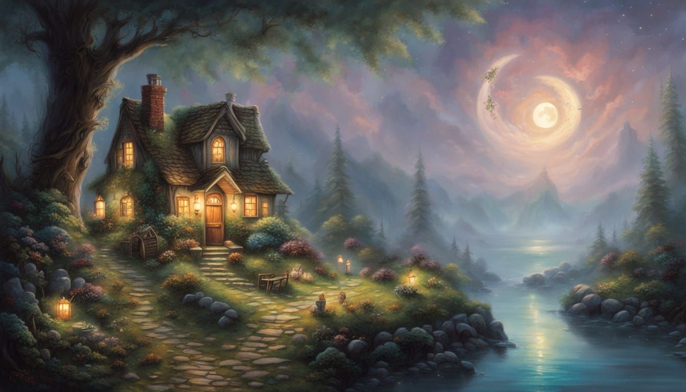 Cozy Cottage in Bottle Under Starry Night Sky