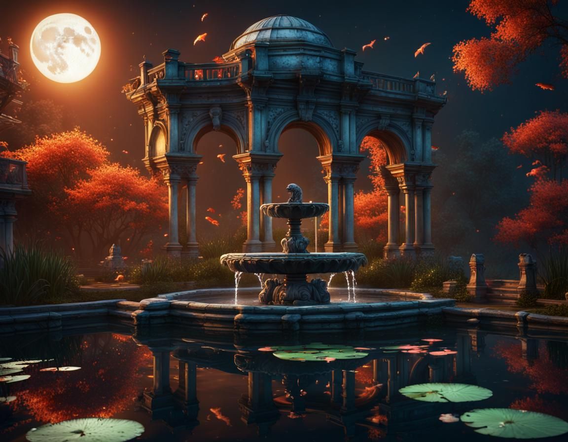 Baroque Fountain in Koi Pond at Night