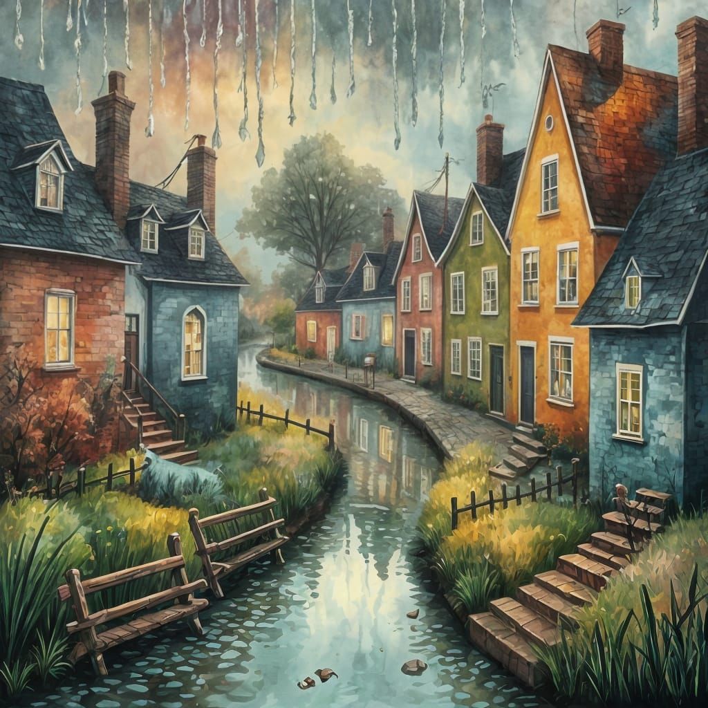 Whimsical Surreal Village in Dreamlike Naïve Style