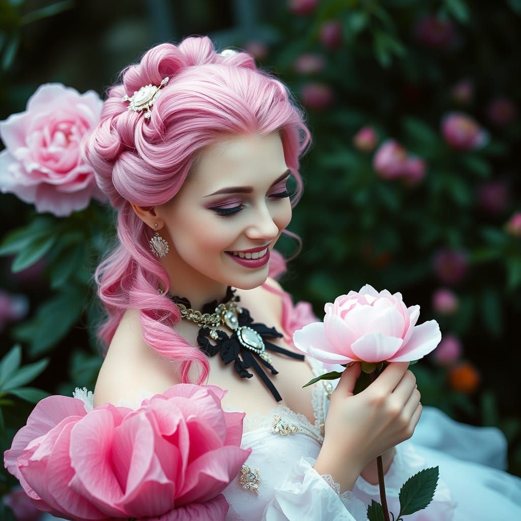 Gothic Queen Smiles Among Blooming Peonies in a Cinematic Ga...