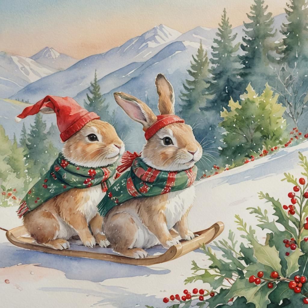 Whimsical Bunnies Sledding in Watercolor Style