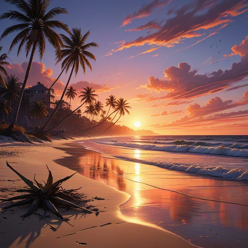 Serene Beach Sunset in Vibrant Anime Style