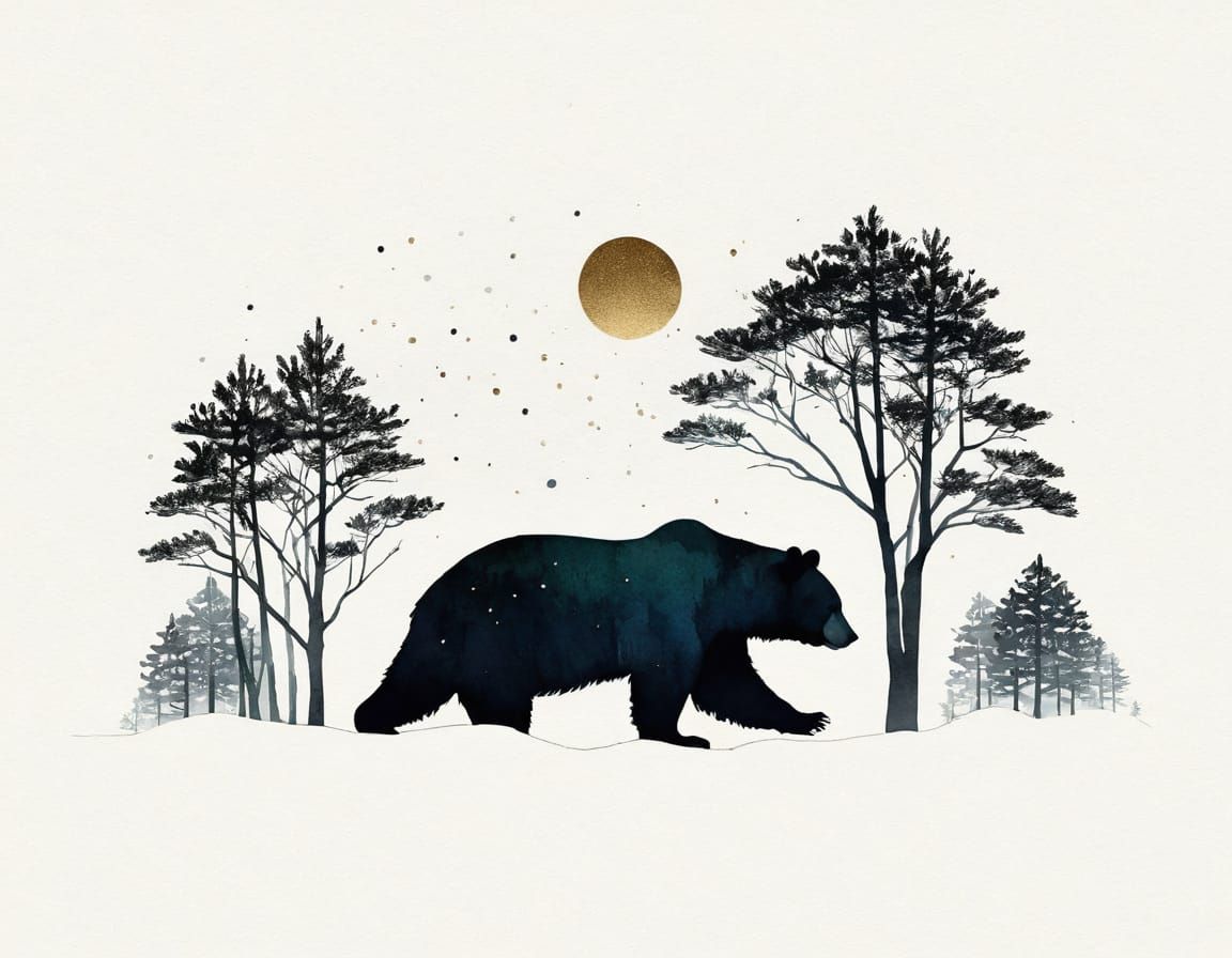 Minimalist Silhouette of Sleeping Bear in Winter