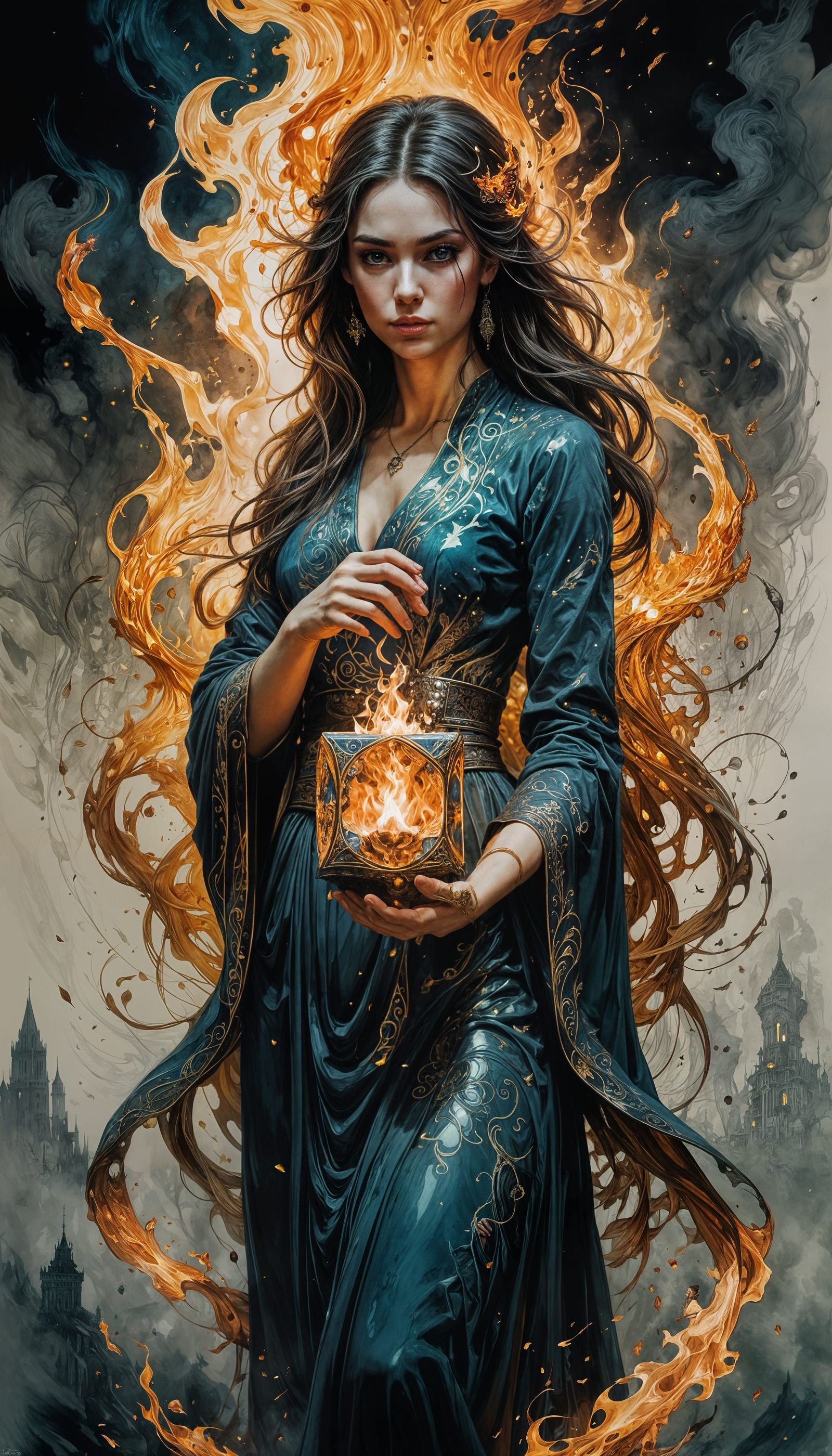 Lady with Cosmic Fire Cube: Fairytale Illustration