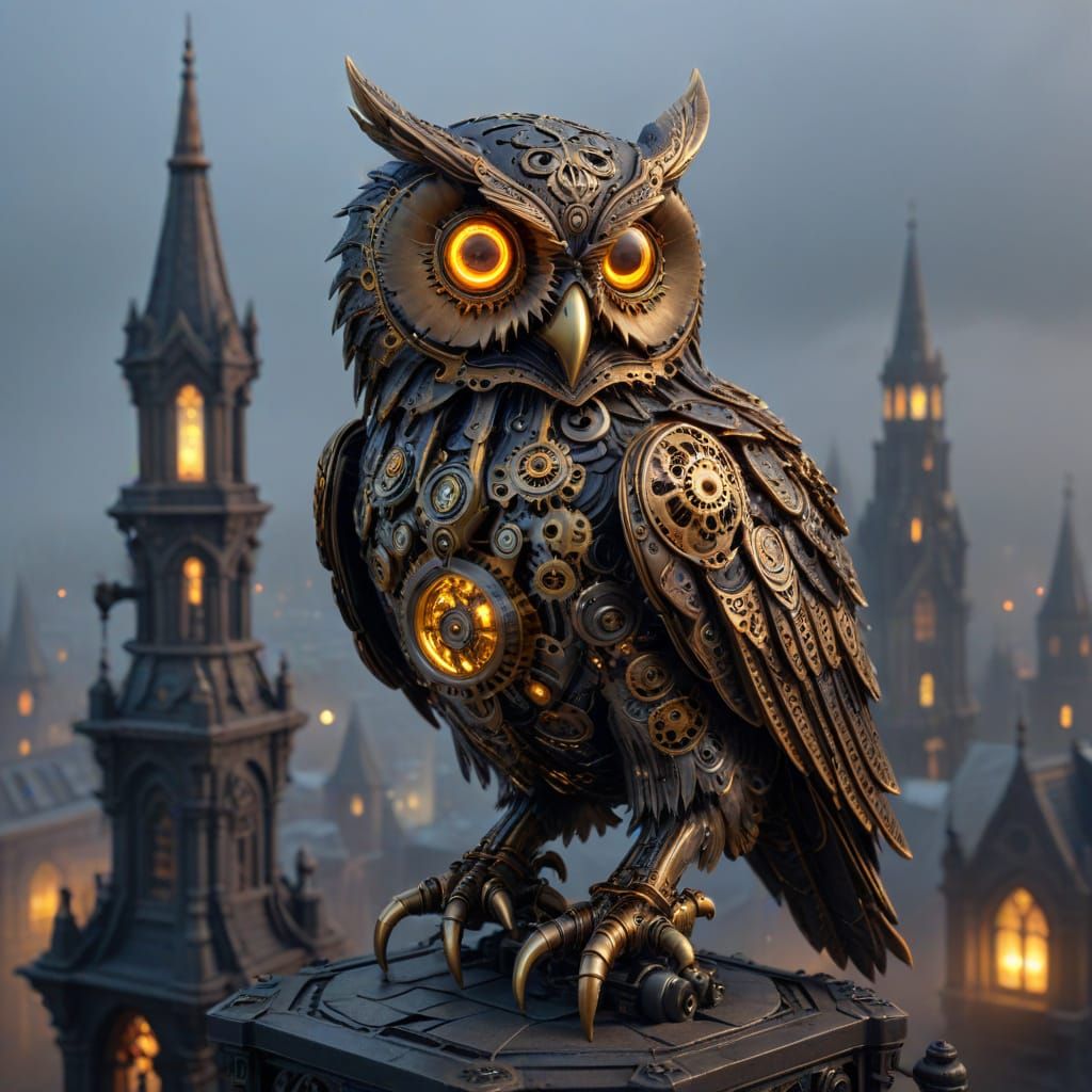 Steampunk Mechanical Owl on Gargoyle in Foggy Cityscape